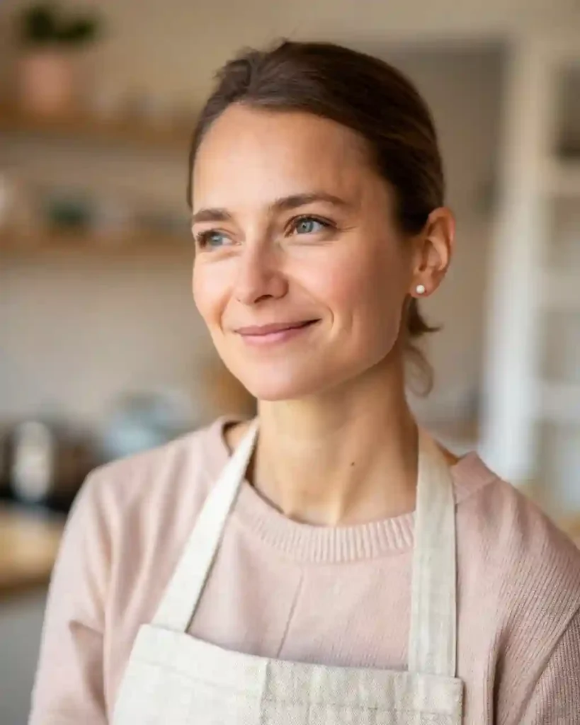 A smiling woman in her early thirties wearing a light linen apron and soft sweater, standing in a warmly lit home kitchen with blurred herbs and cookware in the background.
